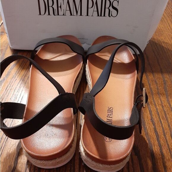 New 9.5 Dream Pairs Black PU Sunna Espadrille Casual Flatform Wedge Shoes Sandal - Picture 10 of 13